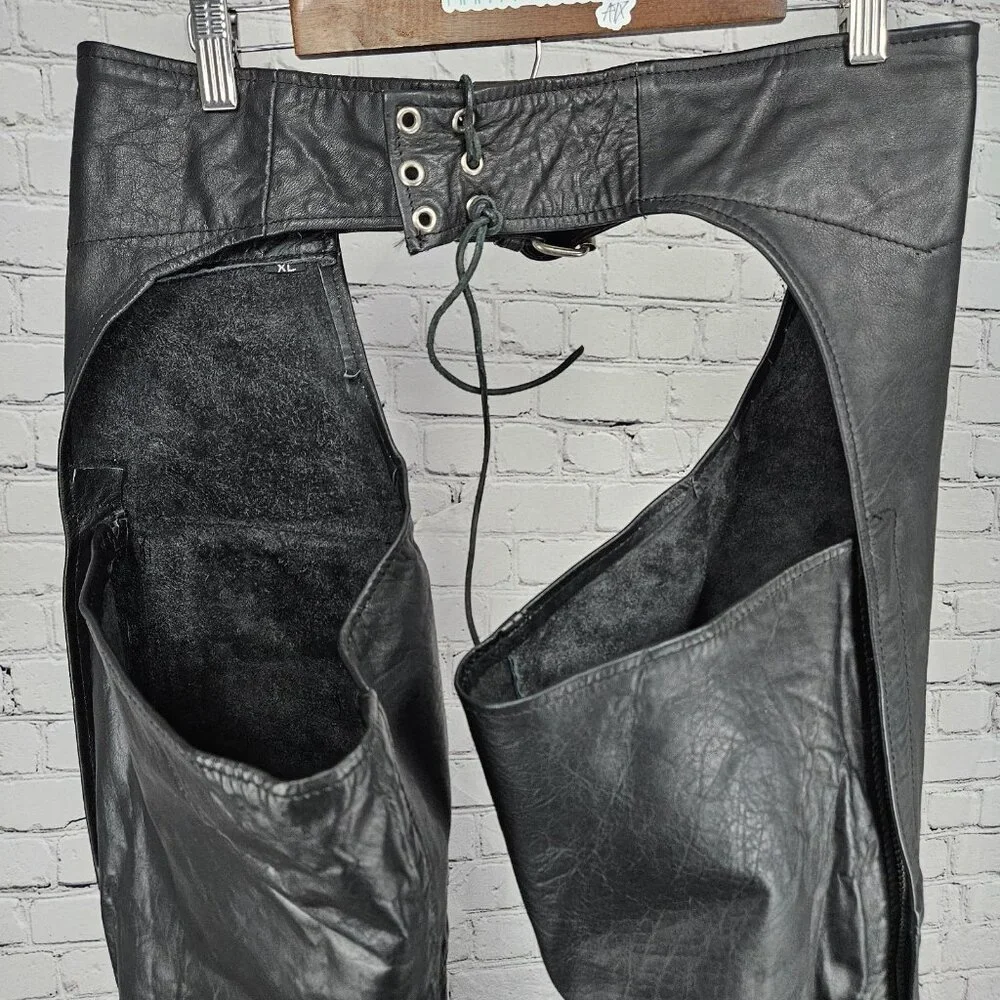 Interstate Leather Black Belted Zip Snap Motorcycle Gear Chaps Pants Size XL
